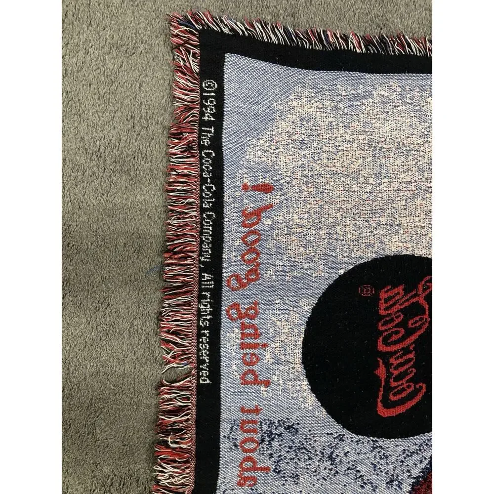 1994 Coca Cola Santa Clause Christmas Holiday Woven Fringe Throw Blanket 44X58